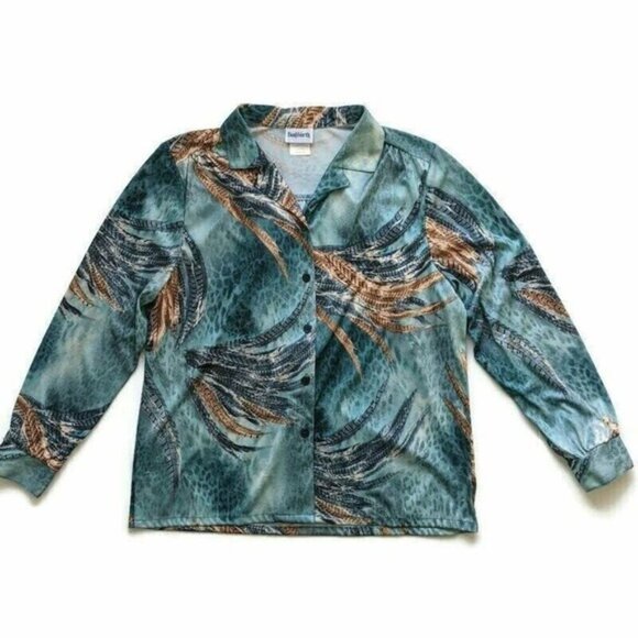 Vintage 90s Feather Print Knit Blouse MP Button Front Groovy Grandmacore - Picture 2 of 11